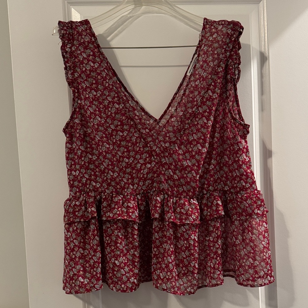 American Eagle Outfitters Burgundy Floral Ruffle Blouse